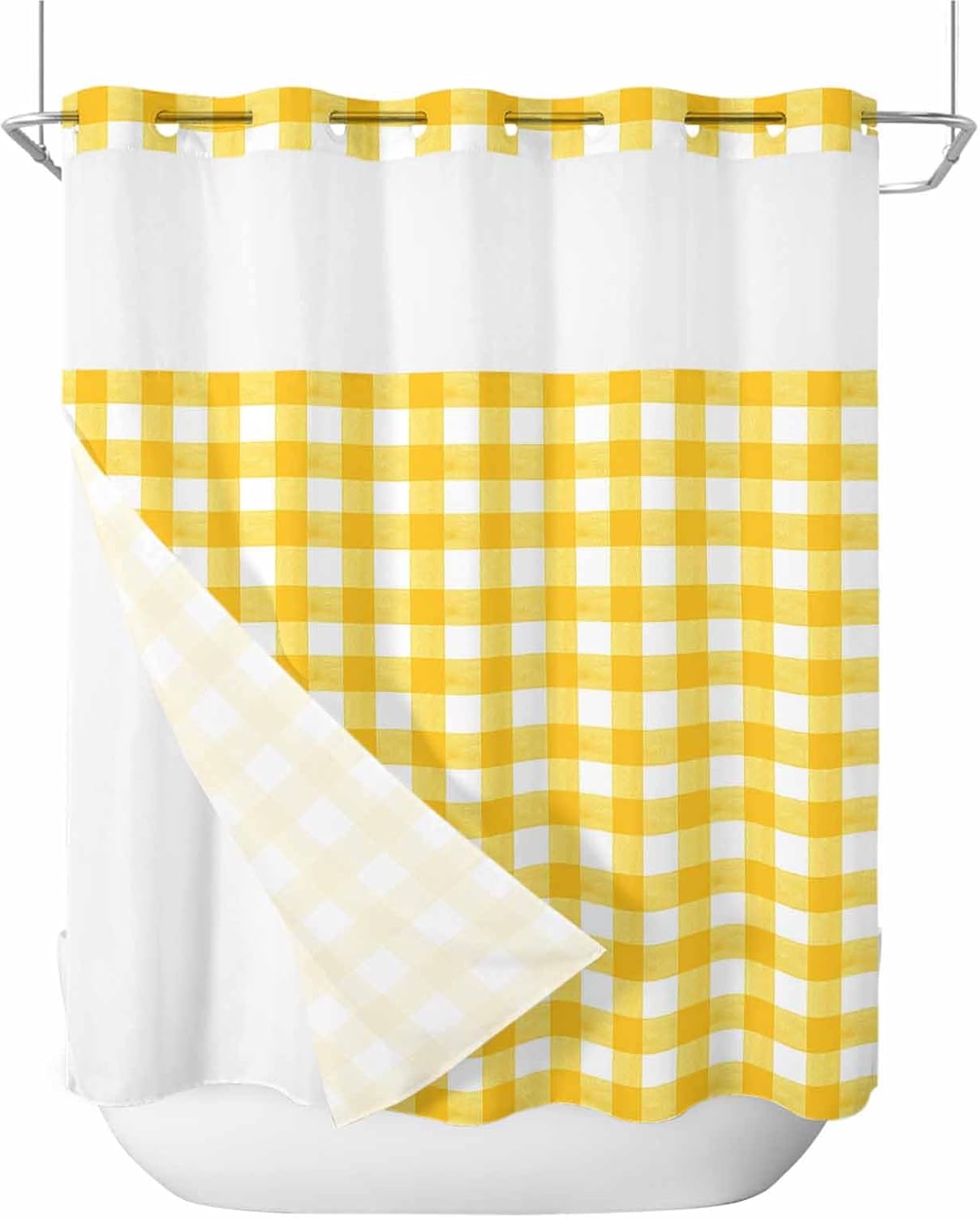 No Hook Shower Curtain and Snap in Liner Set, Yellow Fabric Bathroom Shower Curtains 72x72 Inch, See Through Mesh Top Window, Country French Rustic Buffalo Plaid Modern Art Hotel Style, Waterproof