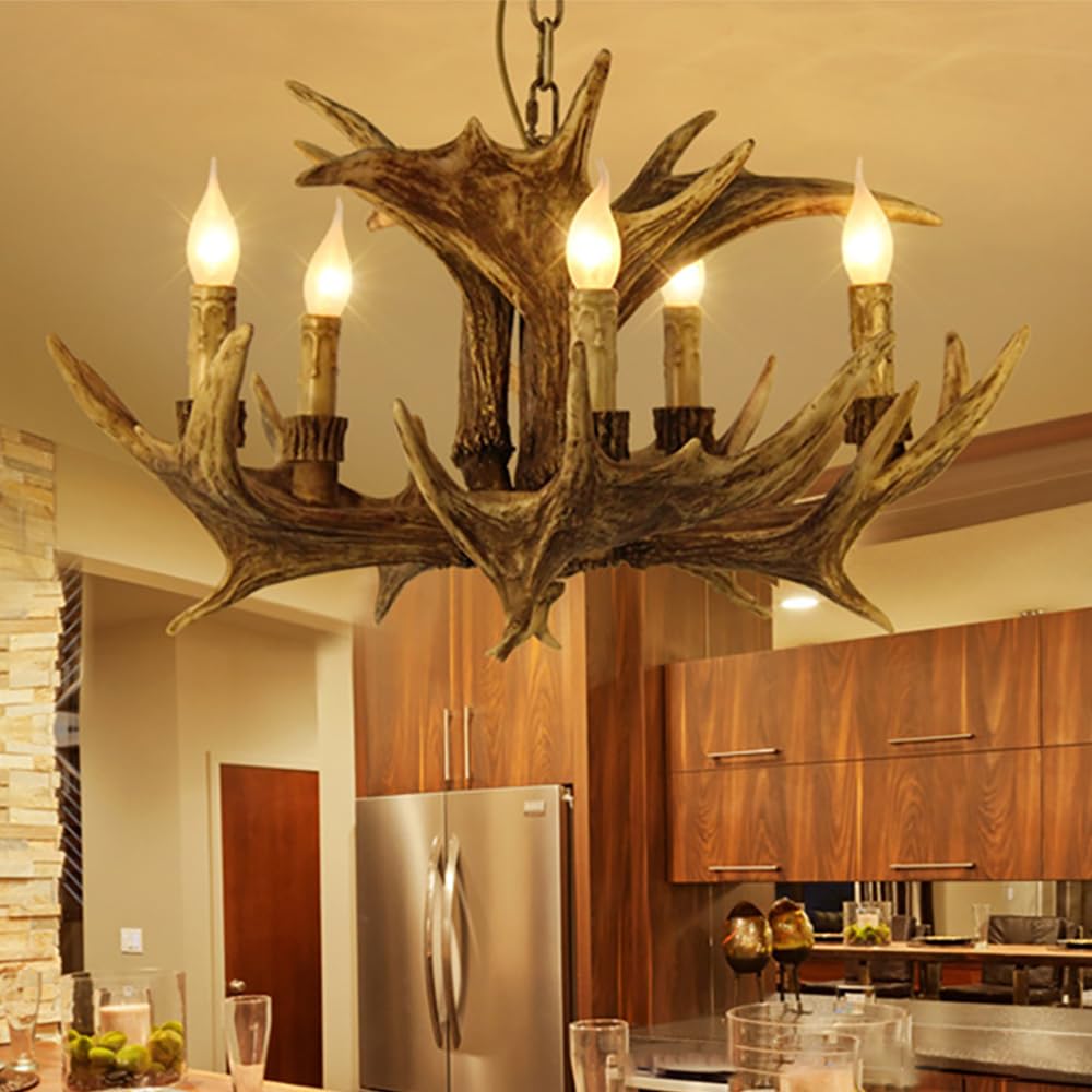 SXECAEPS Modern creative chandelier American Retro Deer Antler Personality Creative Living Room Restaurant Bedroom Study Clothing Store Log Cabin Cafe Bar Pendant Light (A 5 Lights)