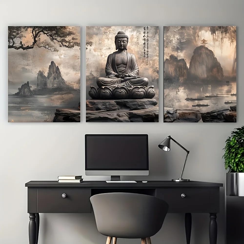 LTjiajuypd Canvas Painting Prints Buddha Meditation Asian Style Zen Buddhist Paintings For Living Room Bedroom Office Home Decoration(60x90cm-3Pcs)