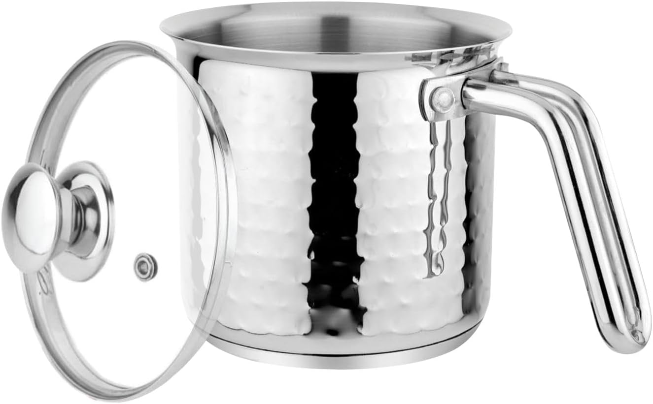 Prabha Stainless Steel Milk Pot With Handle 17cm 2.5 Litre | Hammered Milk Boiler Glass Lid Steam Vent | Tea Container Water Boiling | Coffee/Milk Warmer, Even & Faster Heating | Induction & Gas Stove
