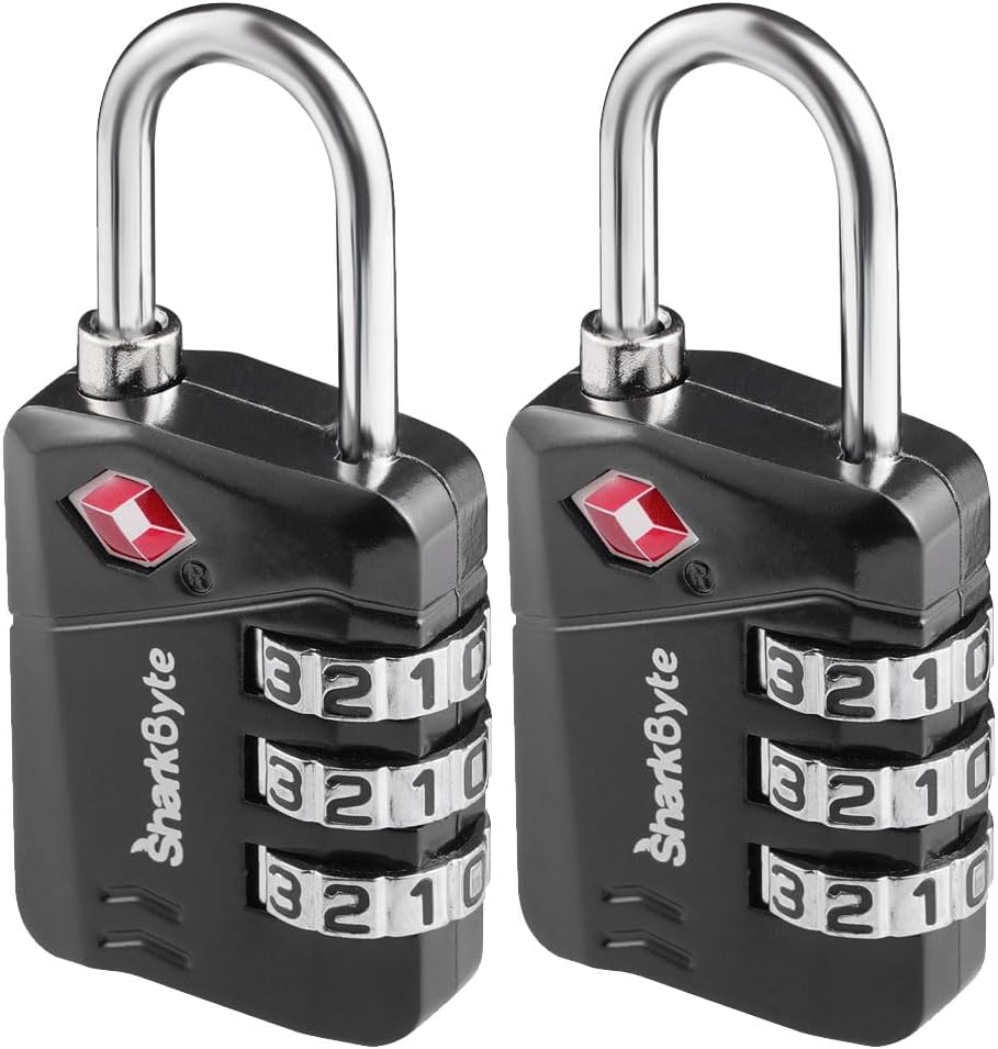SharkByteSharkByte TSA Approved Luggage Locks, 3-Dial Security Travel Combination Padlock, Travel Lock for Suitcases Luggage Case, Backpack, Travel Bag, Code Small Padlock, Suitcase Locks (2 Pack)