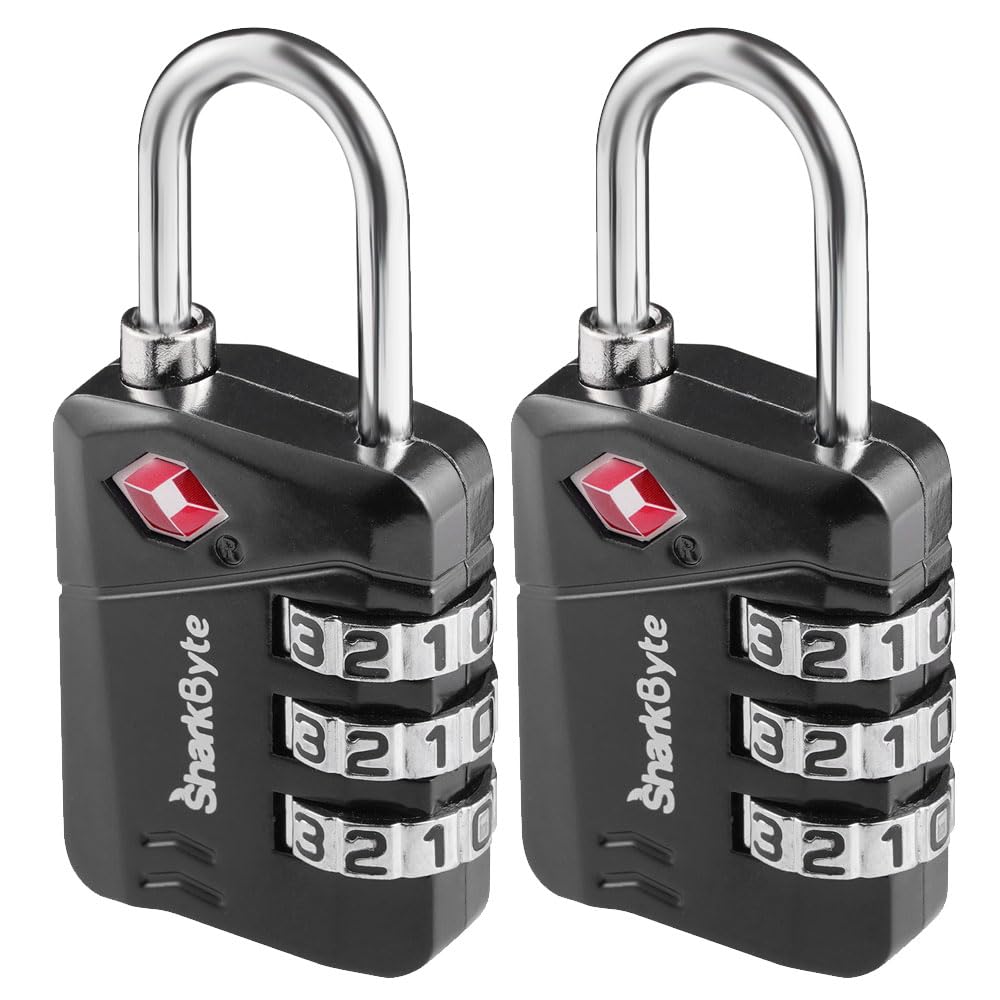 SharkByteSharkByte TSA Approved Luggage Locks, 3-Dial Security Travel Combination Padlock, Travel Lock for Suitcases Luggage Case, Backpack, Travel Bag, Code Small Padlock, Suitcase Locks (2 Pack)