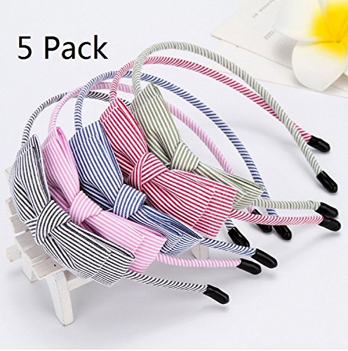 Stripes Bowknot Headband, Tsuen 5 Pieces Fashion Handmade Double-layer Bowknot Hair Band Bow Tie Headband Headdress Headwear Hair Accessory for Lady Women Girls Teens, Pack of 5