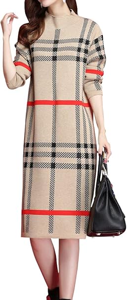 Amazon Co Jp Ressh N ニットワンピース レディース やや厚手 暖かい 長袖 膝丈 チュニック 体型カバー チェック柄 服 ファッション小物