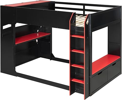 Miniatura 22 de Cama loft de madera para juegos de tamaño matrimonial con escritorio para computadora y luces RGB, cama para juegos, armario abierto integrado y