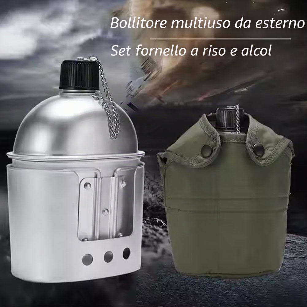 Set di 4 mense militari in stile militare, fatto a mano, include mensa, tazza, fornello e sacchetto, borraccia in alluminio con custodia, mensa da cucina per campeggio, escursionismo, zaino in spalla