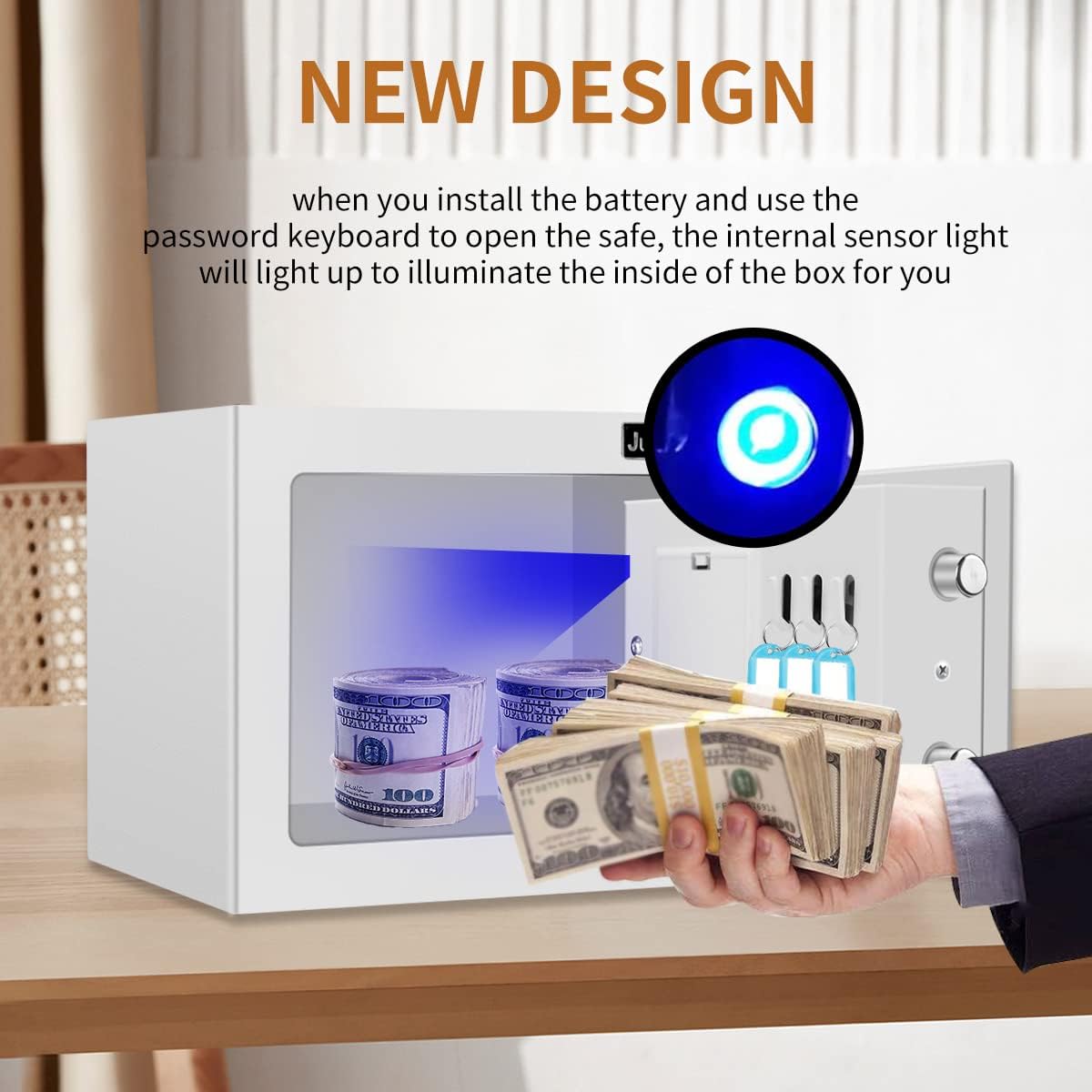 JUGREAT Safe Box with Induction Light,Electronic Digital Security Safe Steel Construction Hidden with Lock，Wall or Cabinet Anchoring Design for Home Office Hotel Business 0.23 Cubic Feet White