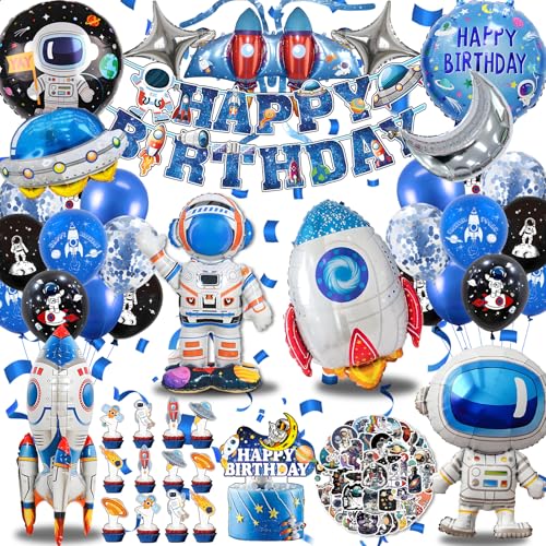 Weltraum Kindergeburtstag Deko Set XXL Astronaut Raketen Folienballons Banner und Tortendeko Weltraum Geburtstagsdeko Junge Weltall Geburtstag Ballon (Astronaut Geburtstagsdeko)