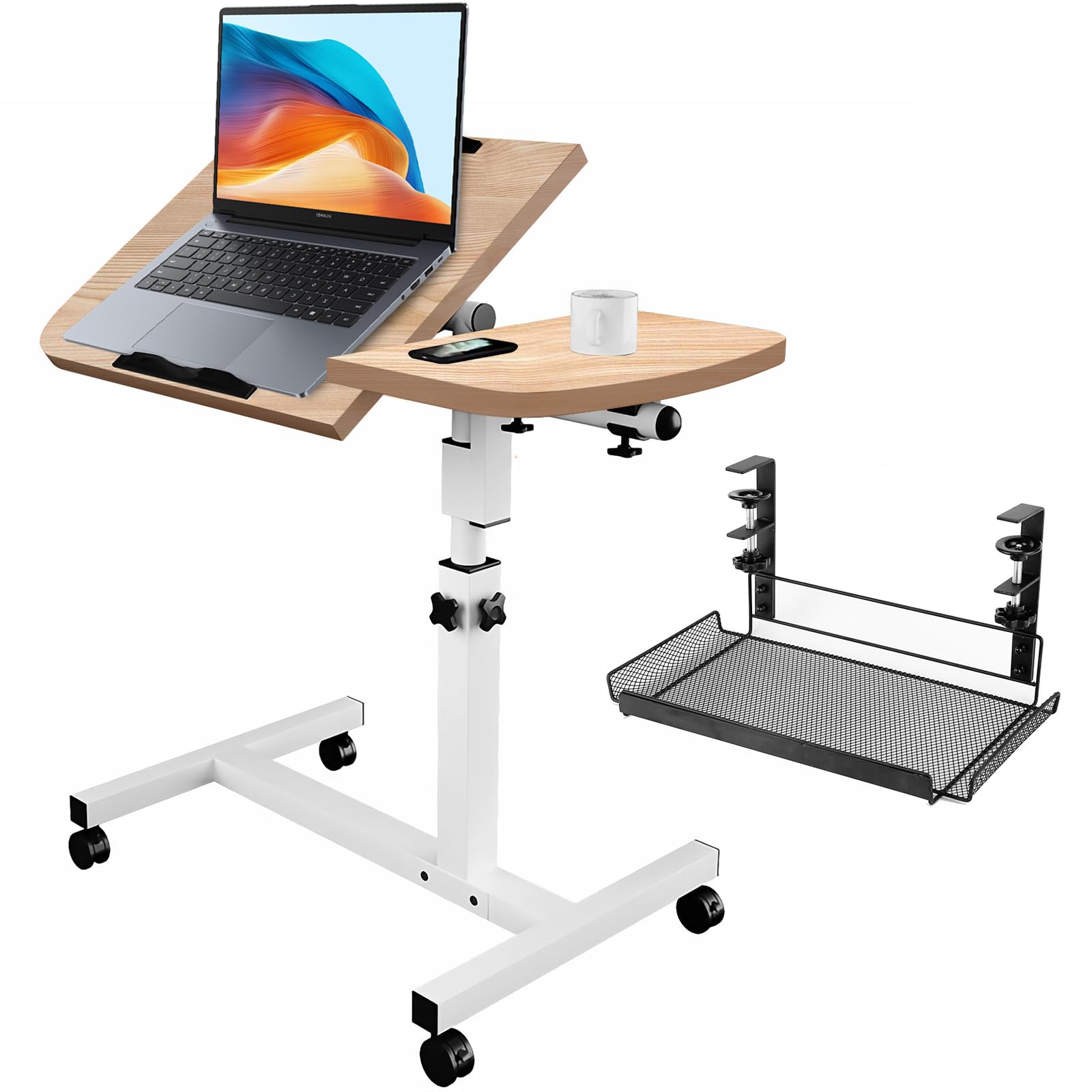 Table de lit réglable pour ordinateur portable avec bureau inclinable, roulettes et panier de rangement amovible, bureau de chevet réglable en hauteur pour bureau à domicile, étude, lecture et