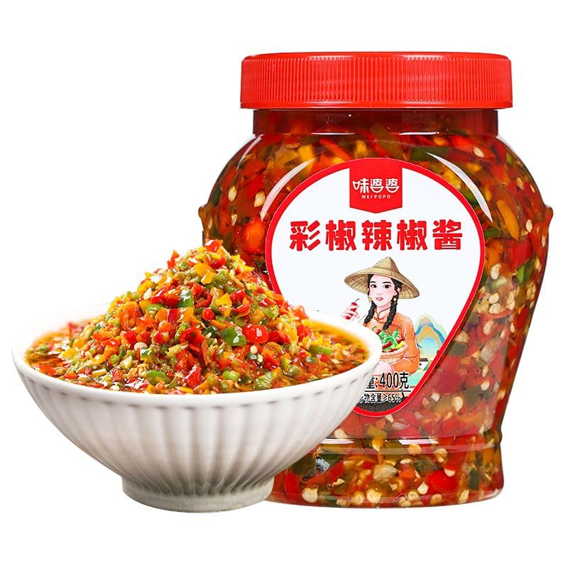 Homemade chili sauce 400G/ can,Fresh garlic chili sauce, green and red chopped pepper, Chili sauce, dips, side dishes,noodles and steamed bread to eat