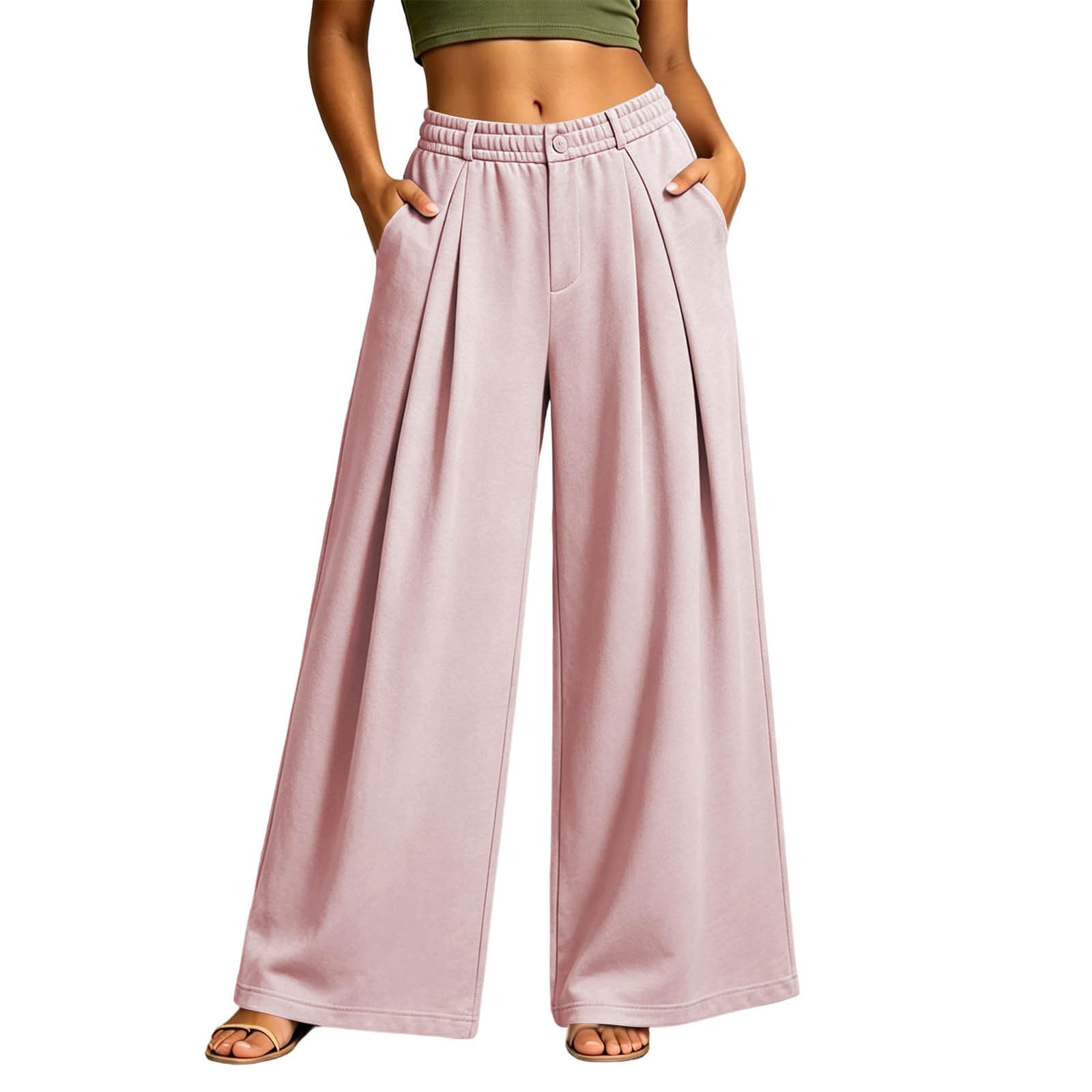Pantalon Large Femme Bouton Taille Élastique Poch Doubles Fermeture Éclair