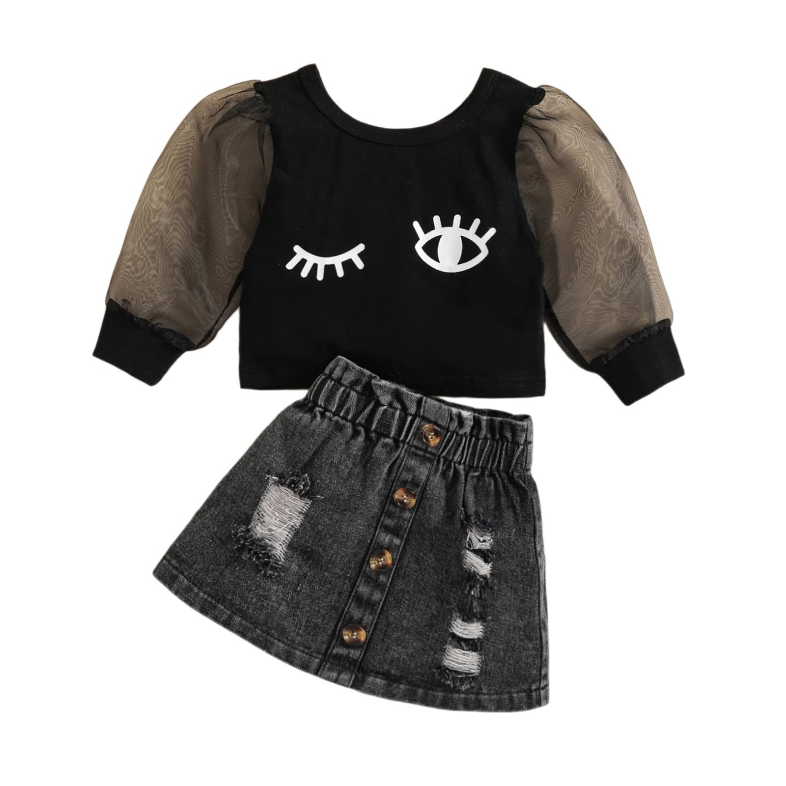 Infant Newborn Toddler Baby Girls 2PCS Skirt Clothes Set Outfits Long Mesh  Puff Sleeve Crew Neck Crop Tops Shirt Ripped Buttons Short Mini Denim