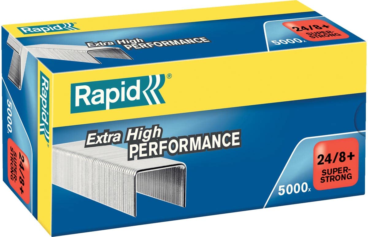Rapid 24/8+mm Super Strong Staples, For Stapling up to 50 Sheets, Use with Desktop Staplers and Pliers, Galvanised Wire, Box of 5000, 24860100