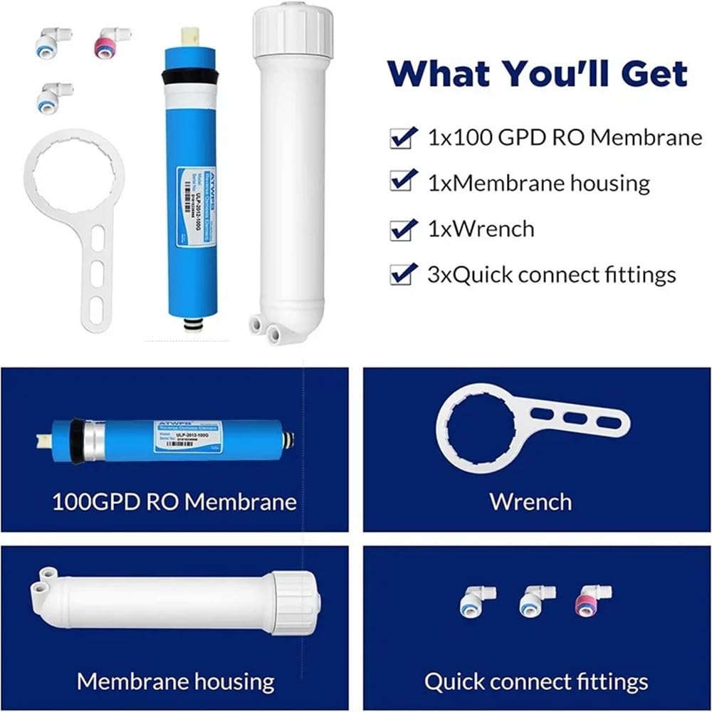 100 GPD RO Membrane, with Housing, Replacement for Drinking RO Water Filter, Wrench,1/4" Quick-Connect Fittings,Check Valve
