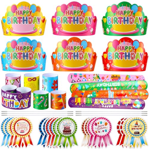 Yunsailing 108 Pcs Happy Birthday Party Supplies for Kids Include 36 Birthday Paper Crowns 36 Badge Stickers and Slap Bracelets for Classroom School Party Supply(Bright Color)