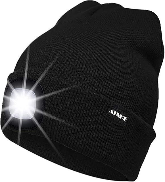 ATNKE LED Lighted Beanie Cap,USB Rechargeable Running Hat Ultra Bright 4 LED Waterproof Light Winter Warm Headlamp Gifts for Men and Women