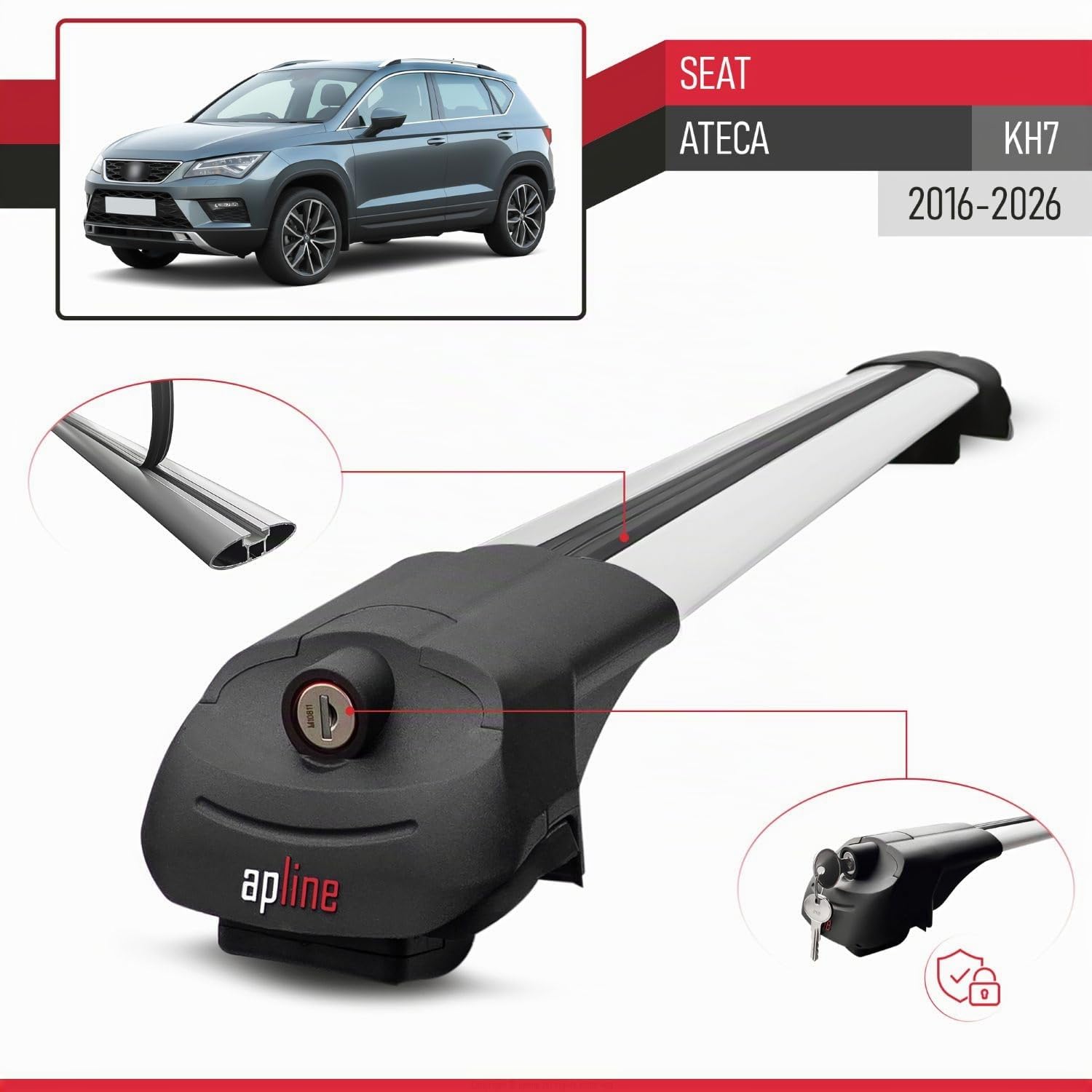Compatible con Seat Ateca (KH7) 2016-2026 Modelo Ace-1 Barra de Techo Auto Portaequipajes Barras Transversales Gris Aluminio 2 Barras
