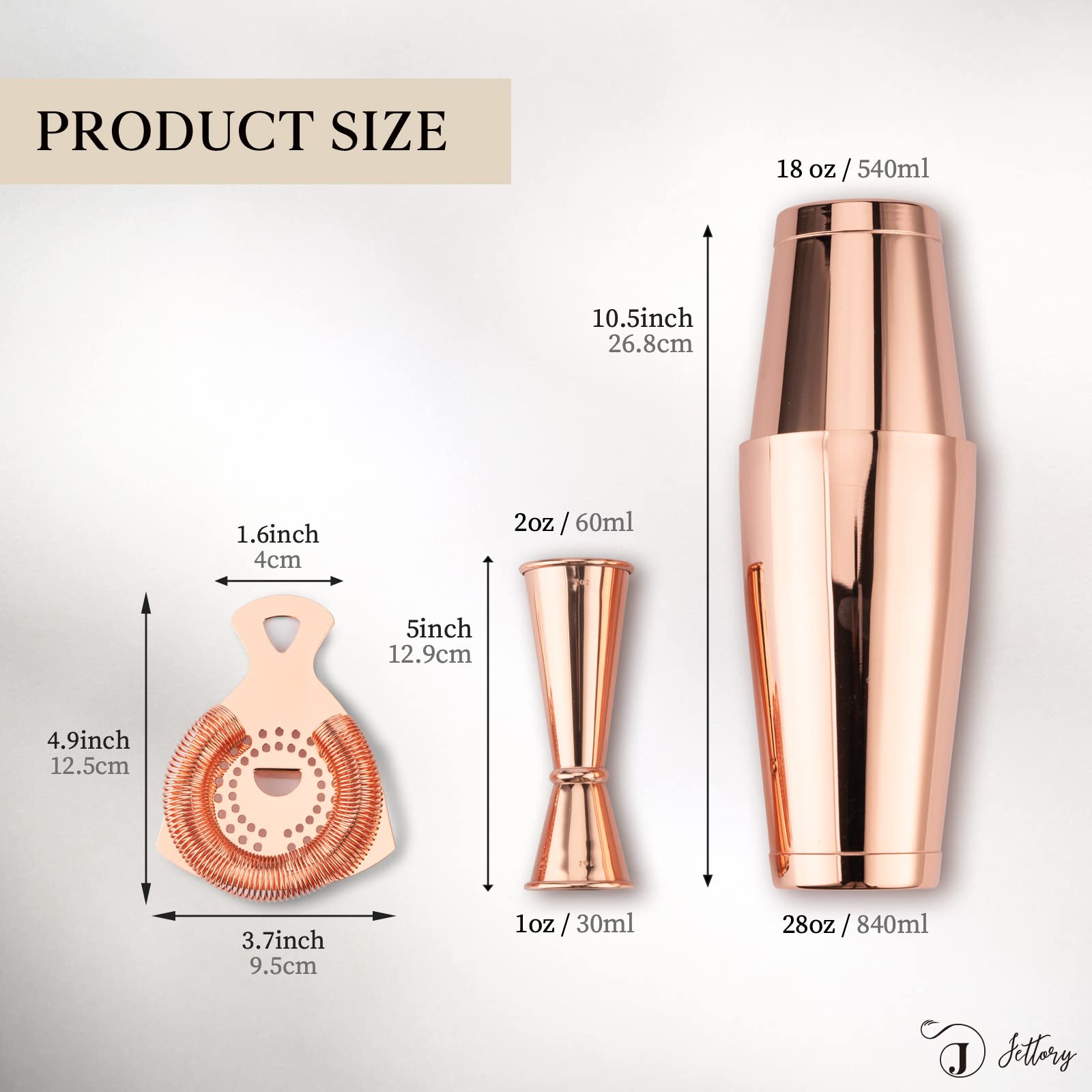 Boston Shaker Set di 4 shaker da cocktail con shaker Boston da 18/28 oz in acciaio inox, filtro da bar e misurino, in una elegante confezione regalo, ideale per l'uso bar di casa (oro rosa).