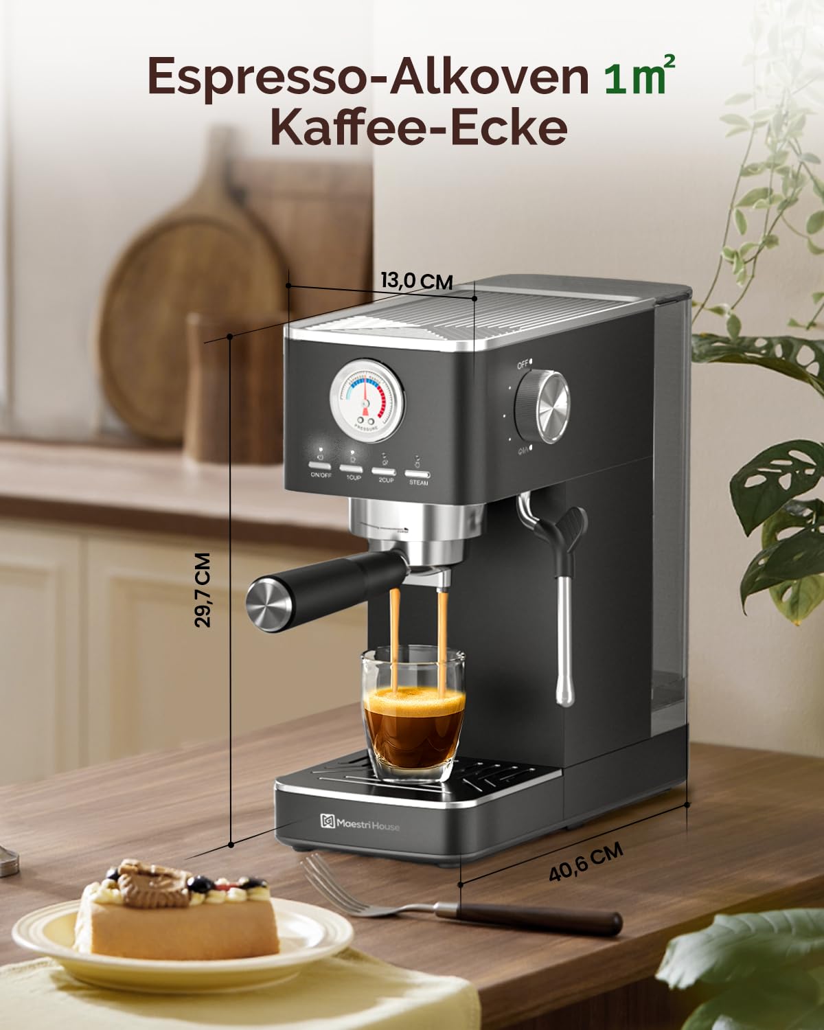 Maestri House Espressomaschine 20 Bar ULKA Pumpe, Kaffeemaschine mit Milchaufschäumer und Mengenanzeige, Edelstahl Kompaktmaschine für Cappuccino & Latte Macchiato, Schwarz