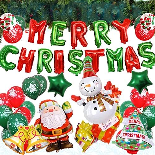 YUANYUAN Christmas Decoration Balloons, New Year and Family Party Supplies, Foil Balloon Set with Santa Claus, Snowman, Tree, Green Red Confetti for Merry (112D-1)