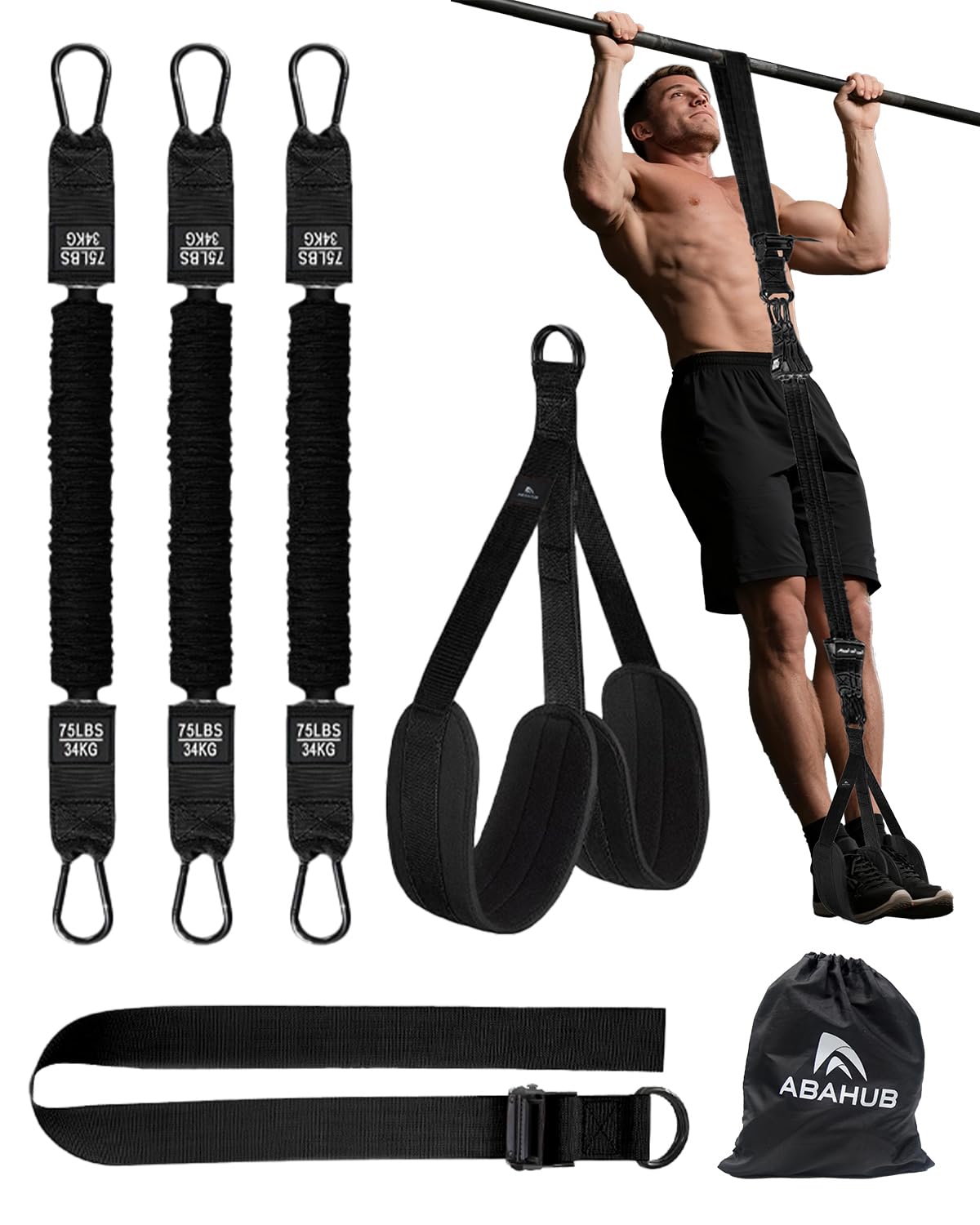 Abahub Pull Up Assistance Bands, Heavy Duty Resistance Band For Pull Up Bar, Pull Up 225lbs Assist Belt, Adjustable Weight/Size with Fabric Feet/Knee Rest, Home Gym, Strength Training, Black