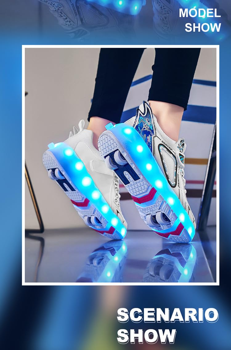 Jungen Mädchen Rollschuhe Schuhe Mit 4 Rollen Skateboardschuhe, Verstellbar Jugend Schuhe mit Rollen und LED Licht, Multifunktionale Sportschuhe Outdoorschuhe für Kinder Erwachsene…