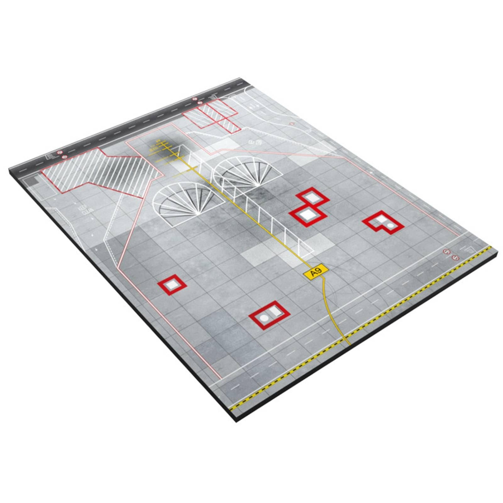 Display Stand Base Espositiva Taxiway Aereo Modello Diorama Legno Tavola Piatta con Pavimentazione a Griglia Linee Bianche Rosse Gialla Etichetta A9