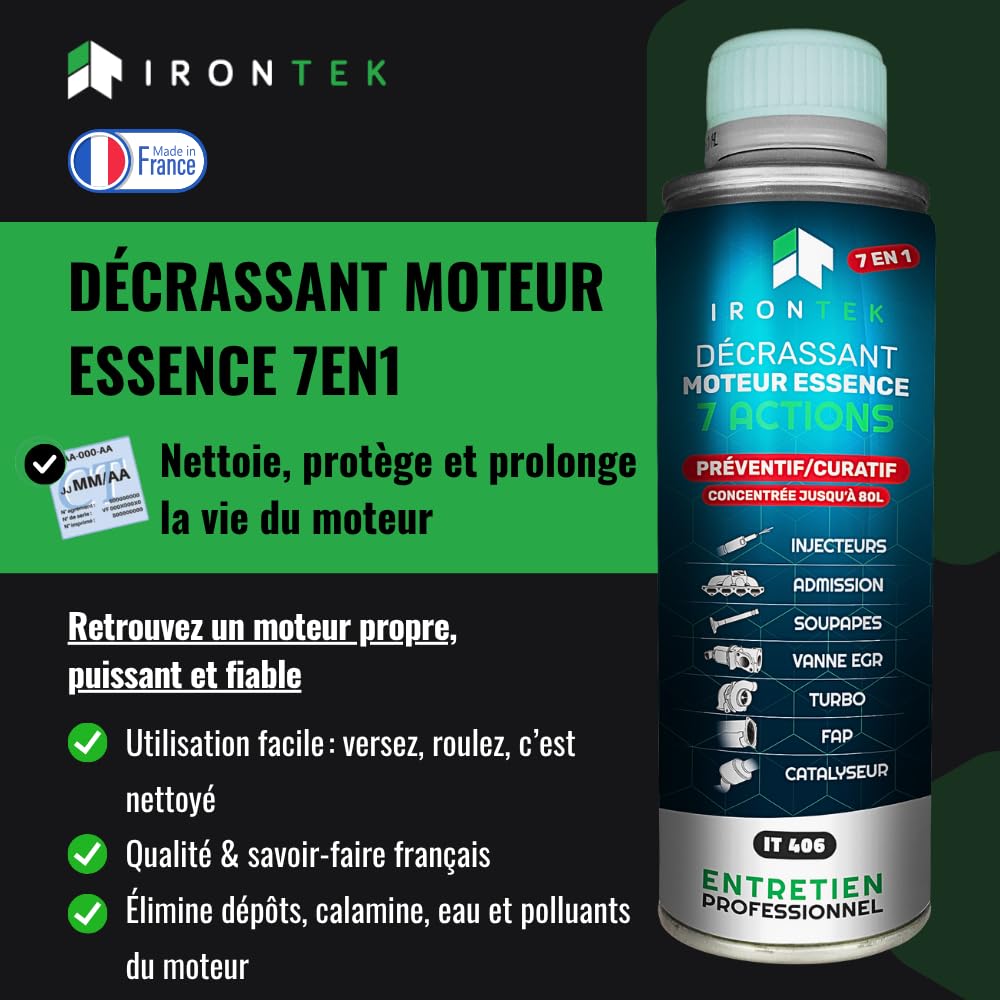 Décrassant Moteur Essence 7en1 375ml - IRONTEK | IT406 | Sans Démontage | Catalyseur Turbo EGR Injecteurs | Traitement Complet Premium