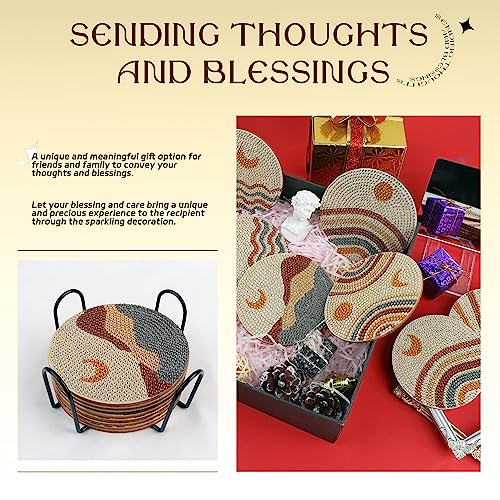 Image of 8 Pcs Boho Diamond Painting Coasters Kit with Holder, Abstract Moon Wooden Diamond Art Non-Slip Coasters for Beginners & Adults Dining Decor Art Crafts