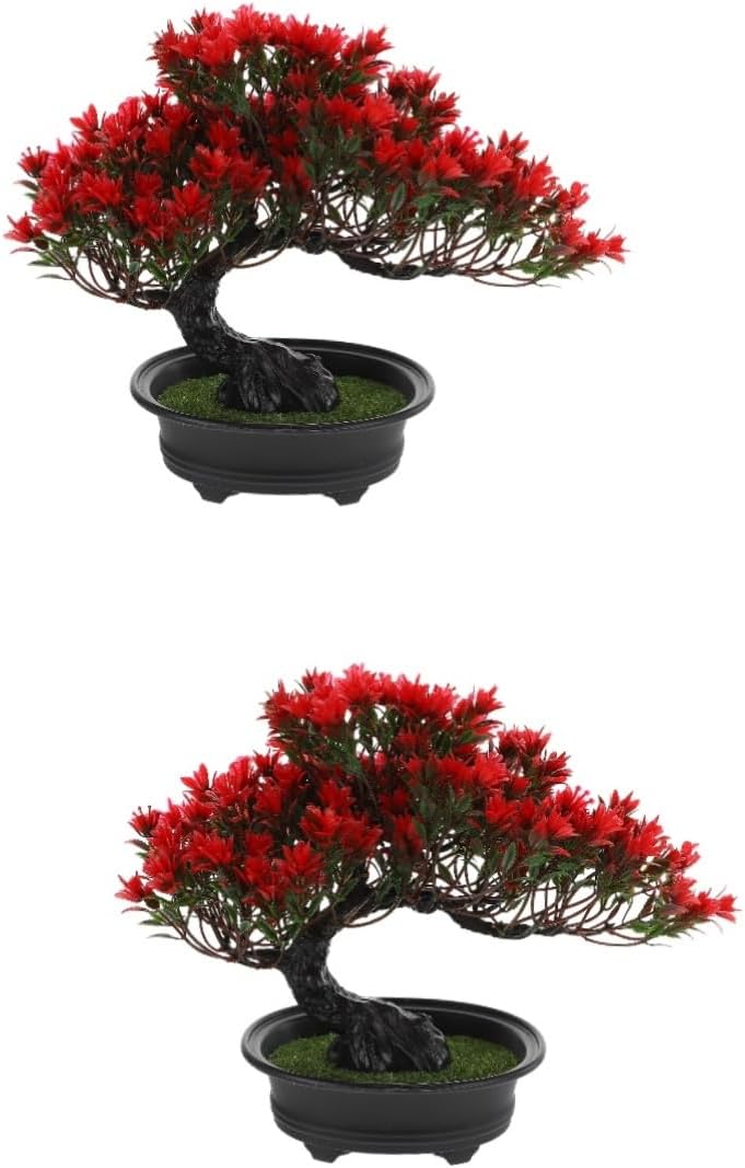 VOSAREA 2pcs Red Artificial Pine Faux Bonsai Trees for Decorations Home & Kitchen