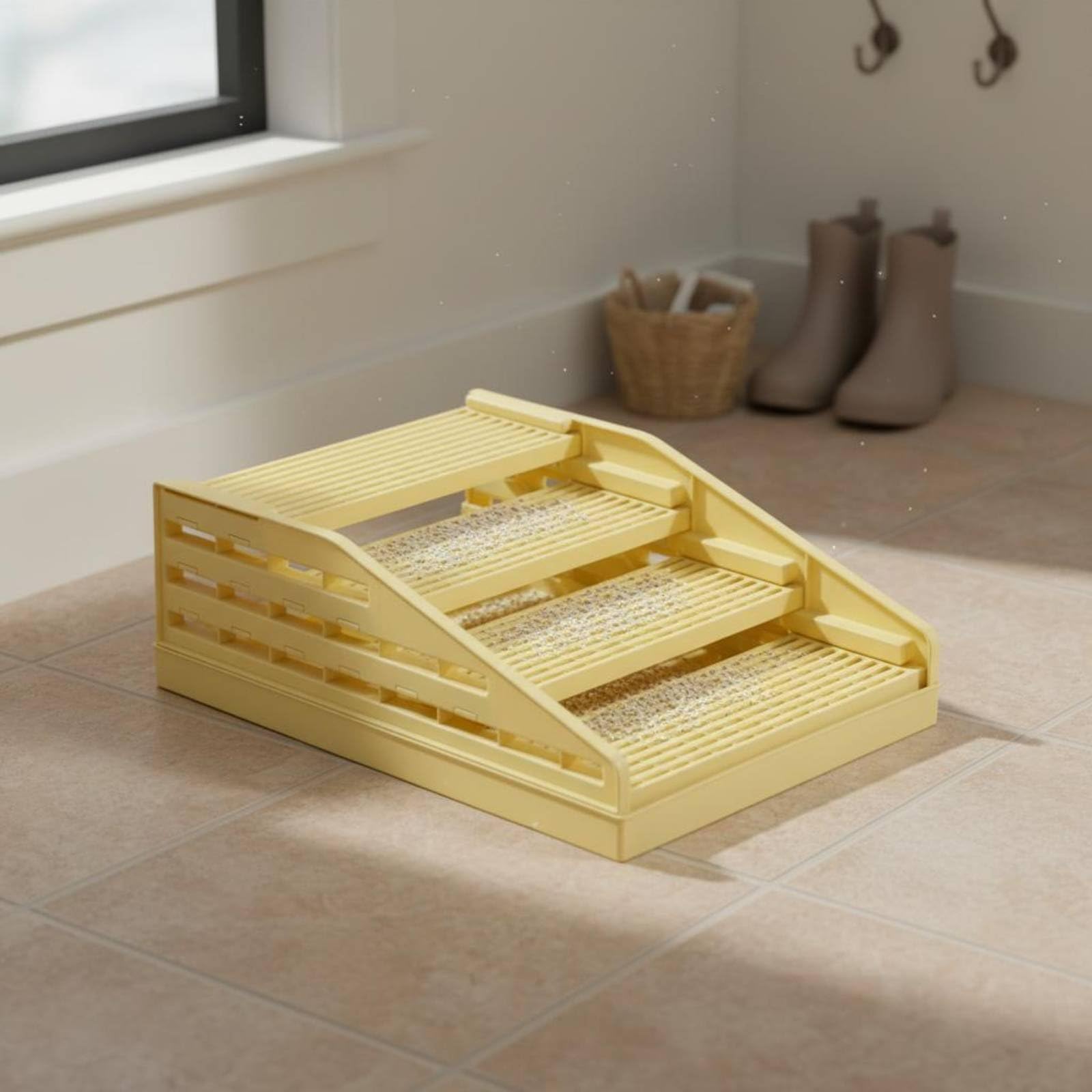 Qianly Litter Control Pad Tapete para Gatos con Rampa Arena Alfombra para Arenero con Malla y Bandeja para Recoger Antideslizante y Reutilizable, Amarillo
