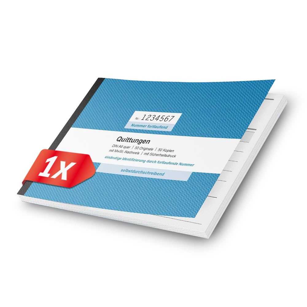 Primus Print Quittungsblock DIN A6 quer & gelocht, 2x50 Blatt mit Durchschlag - mit Mwst, durchschreibend & fortlaufend nummeriert - Quittungsblock Kleinunternehmer - Rechnungsblock - Quittung