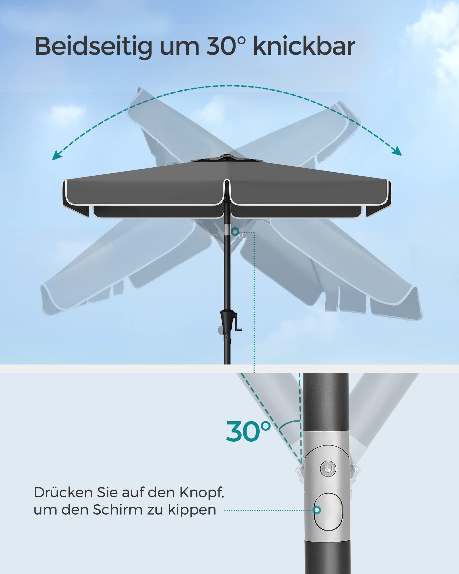 SONGMICS Sonnenschirm 200 x 150 cm, rechteckiger Balkonschirm, Sonnenschutz UPF 50+, beidseitig um 30° knickbar, für Garten, Terrasse, ohne Ständer, grau GPU048G01
