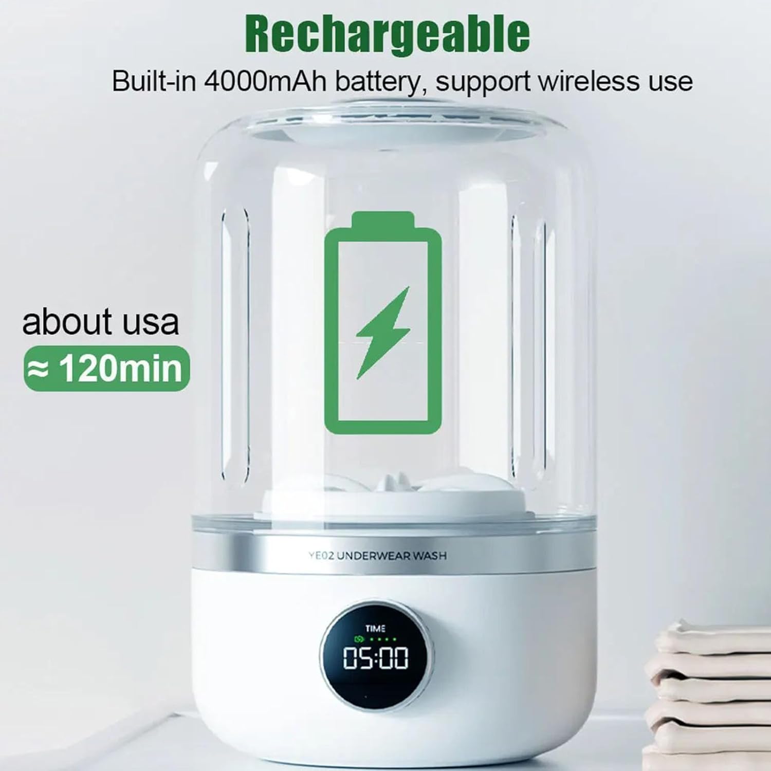 Portable Small Washing Machine 4000mAh Cordless Washer Underwear for Socks Travel Camping Apartment Use Portable Washing Machine