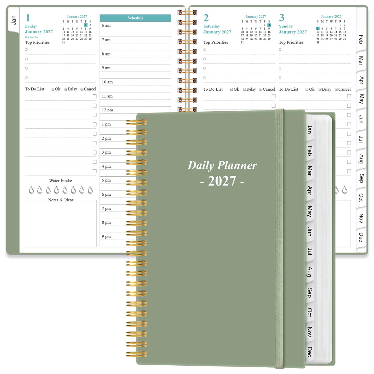 Agenda giornaliera 2026 con pagina intera al giorno - Agenda giornaliera e mensile 2026 da gennaio 2026 a dicembre 2026, agenda giornaliera 2026 con 12 linguette mesi, 16,3 x 21,6 cm, verde