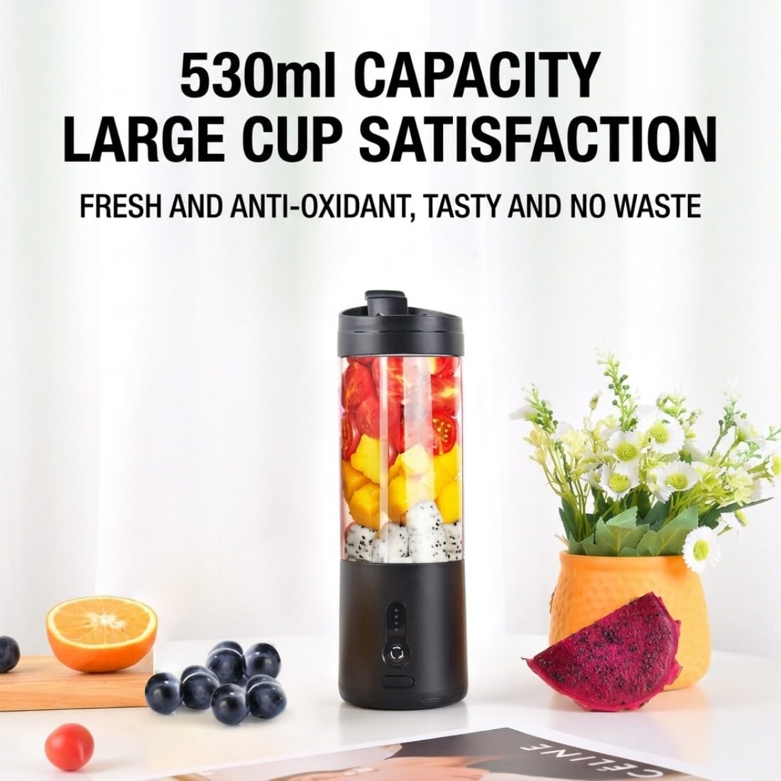 HD-06 Mélangeur portable 600 ml Taille personnelle 150 W sans fil Smoothie Maker Dortoir Rechargeable USB Mini mélangeur de fruits pour voyage, sport, bureau, shakes alimentaires, noir/HD-06