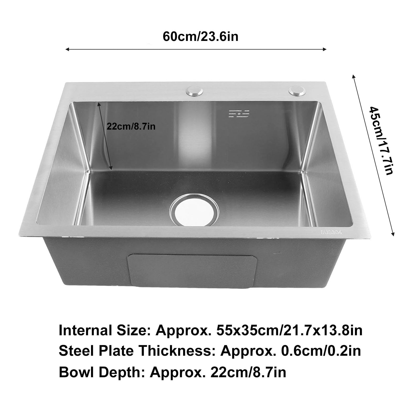 Fregadero de Cocina, Lavabo de un Solo Cuenco de Acero Inoxidable 304 con Escurridor y Almohadillas de Reducción de Ruido, Montaje para Estación de Trabajo RV Bar