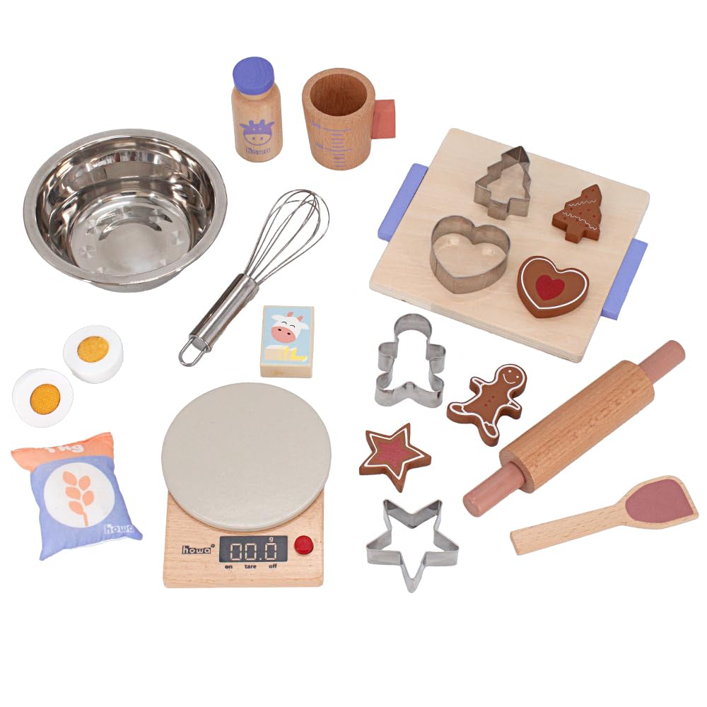 howa 19 Piece Kids Baking Set - Wooden Kids Kitchen Accessories with Scale, Bowl, Whisk, Baking Tins and Many Accessories 4896