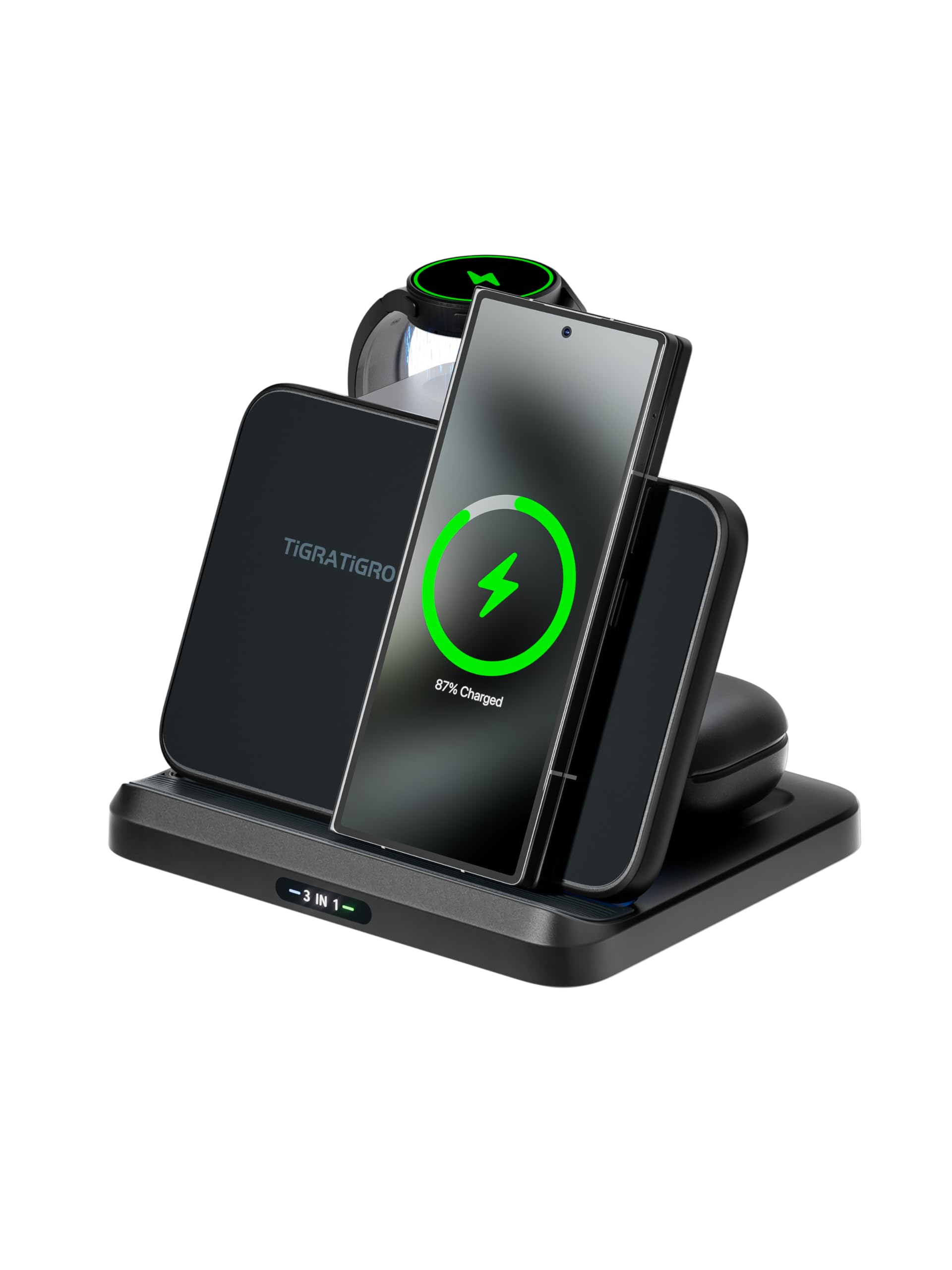 Tigratigro Caricabatterie Wireless 3 in 1 per Samsung, Stazione di Ricarica Wireless Veloce Pieghevole per Samsung Galaxy S26/S25/S24/23/22/21 Note 20/10/9 Z Flip/Fold, Watch Galaxy Buds (Nero, W820)