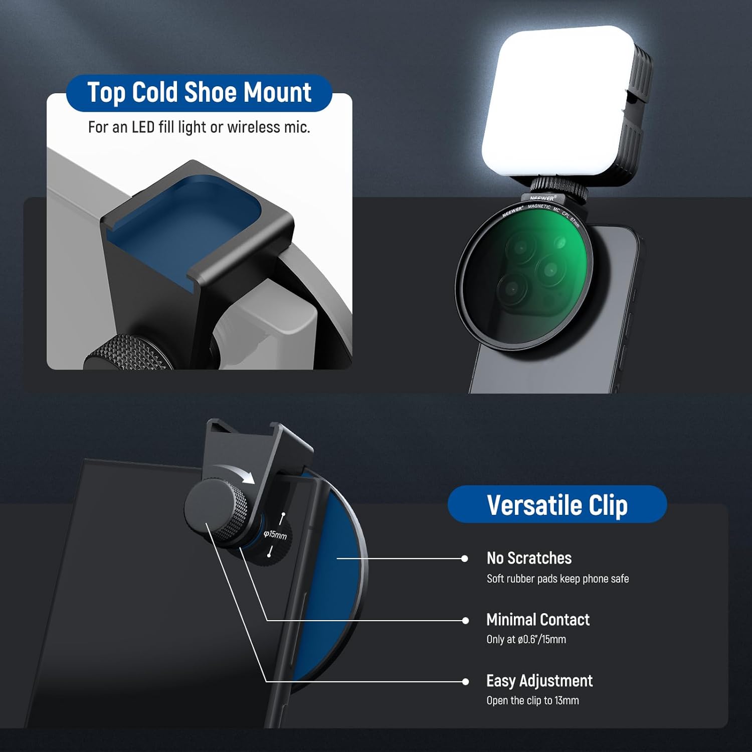 NEEWER 67mm Magnetic CPL Filter, Circular Polarizing Filter with Cold Shoe Phone Camera Lens Clip, Photography Accessories Compatible with iPhone 17 16 Android Samsung Galaxy S25 Ultra