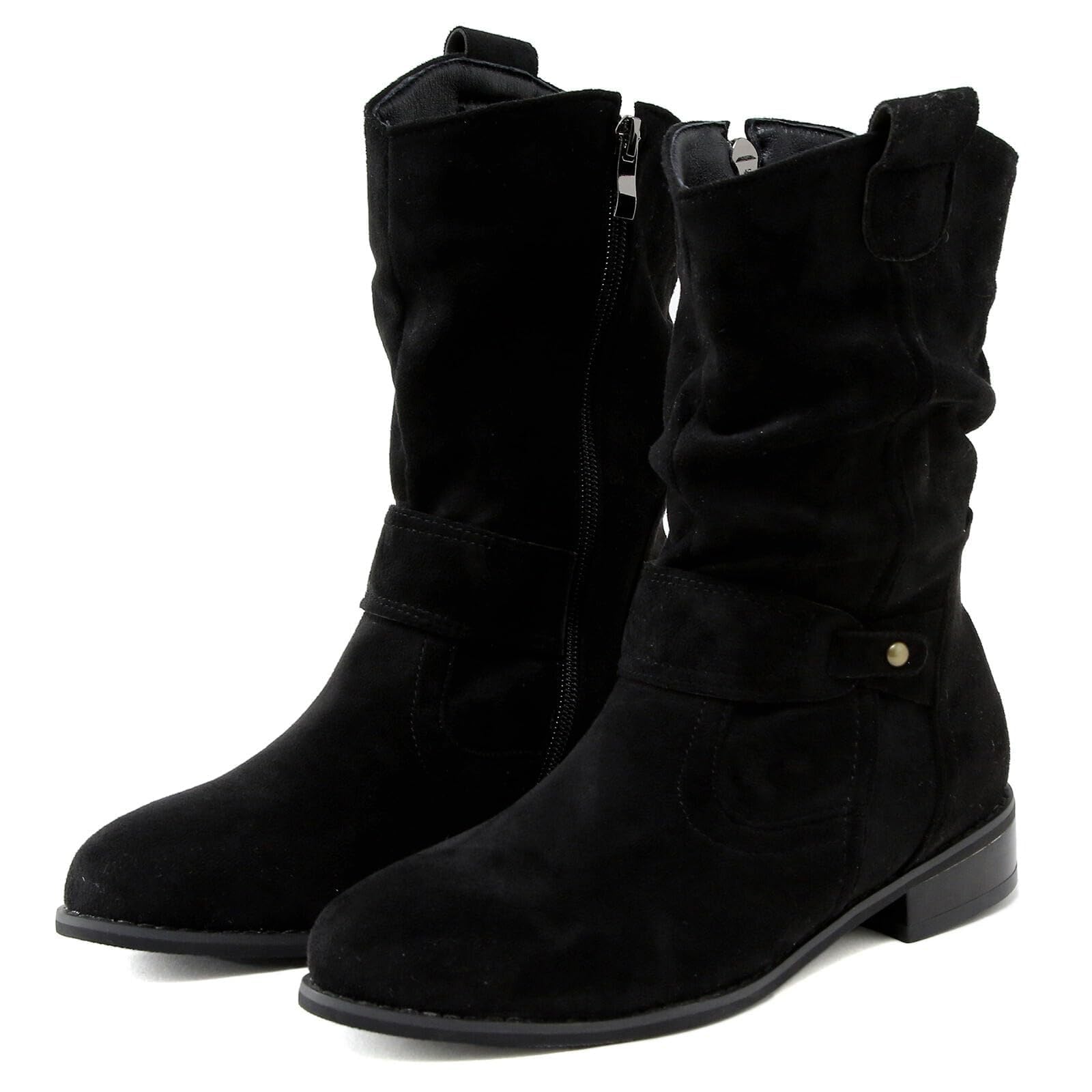 Women Mid Calf Boots Elegant Suede Slip On Short Booties 2025 Vintage Dressy Shoes Side Zipper Buckle Strap