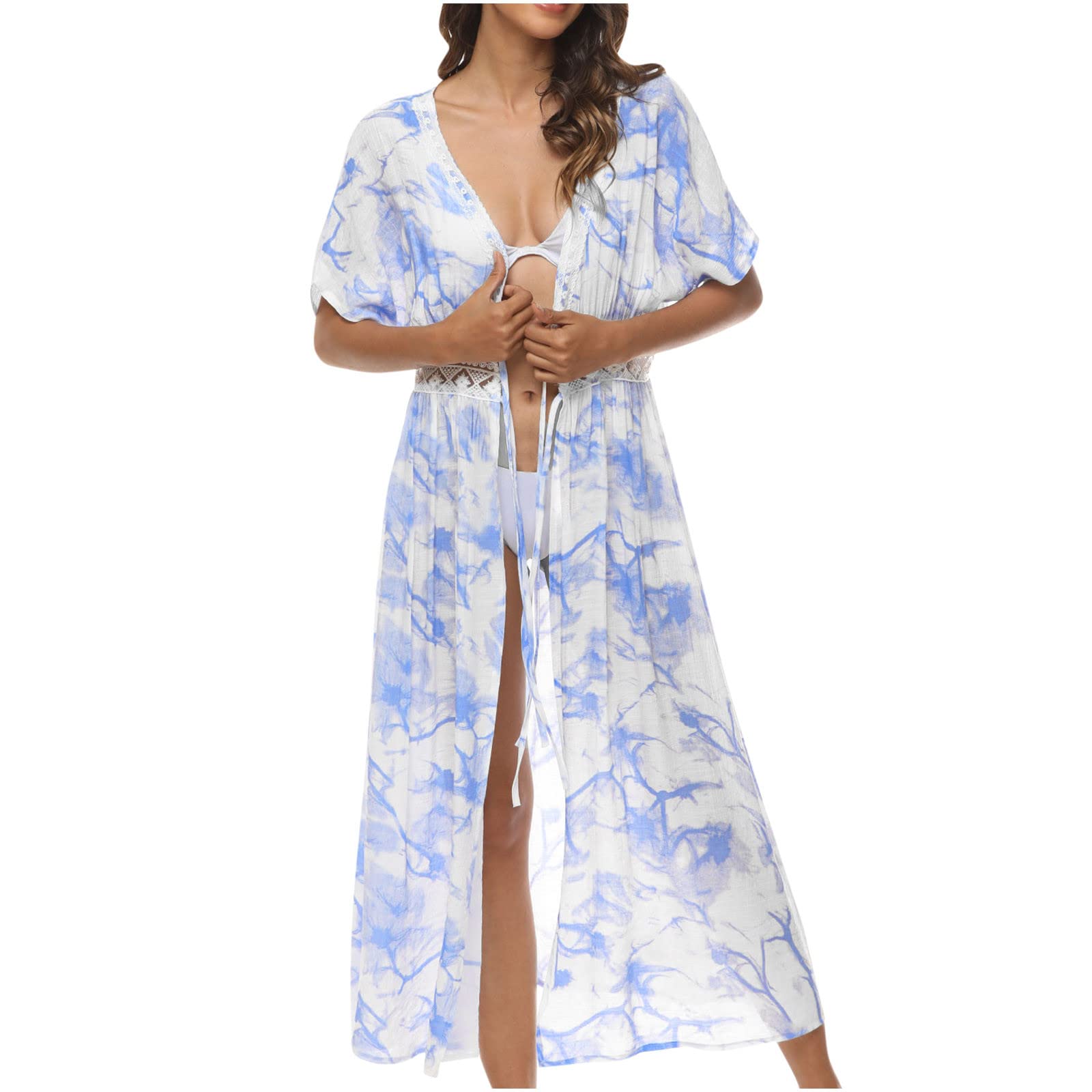 Generic Traje de baño largo tipo kimono para mujer, encaje para playa, con ojales, hawaiano, tropical, moda 2024