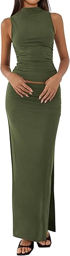 BTFBM Summer Two Piece Skirt Set for Women 2025 Dressy Lightweight Sleeveless Knit Top Going Out Split Maxi Skirt Set