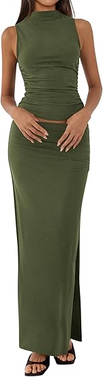 BTFBM Summer Two Piece Skirt Set for Women 2025 Dressy Lightweight Sleeveless Knit Top Going Out Split Maxi Skirt Set