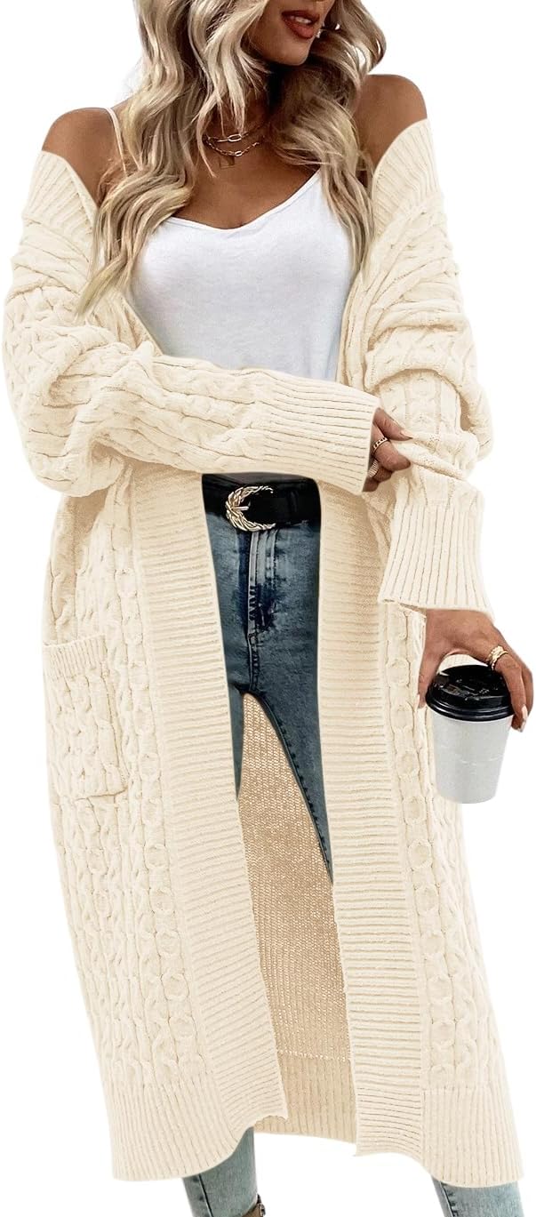 Onedreamer Womens Long Cardigan Cable Knit Open Front Long Sleeve Sweater Coats with Pockets