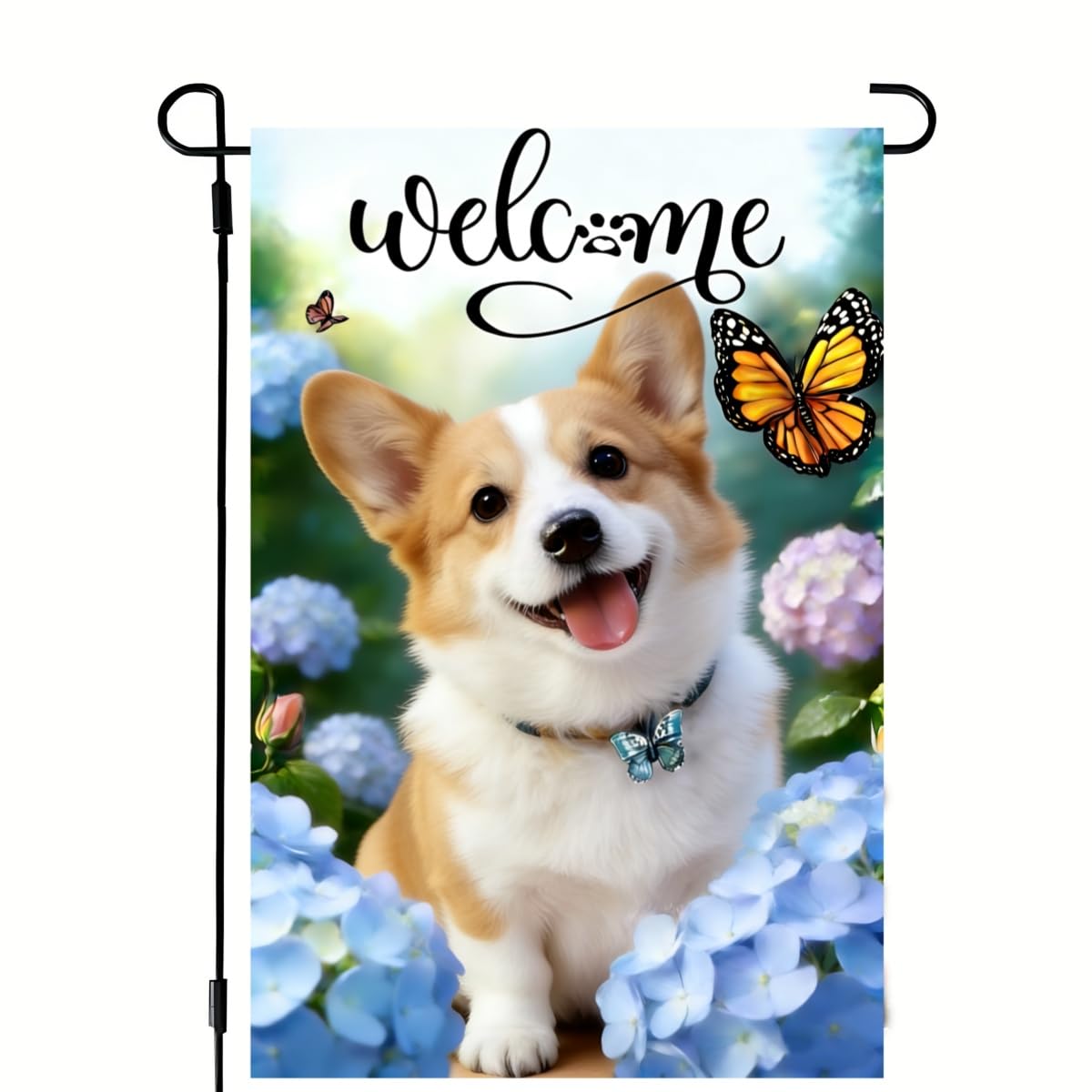 Drapeau de jardin saisonnier fleurs de ferme et corgi pour cour ou pelouse