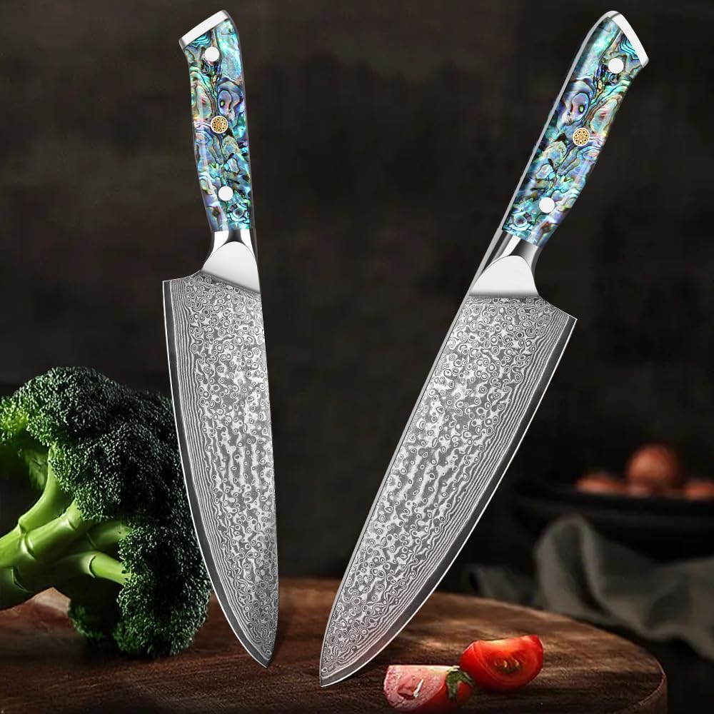 Generisch Couteau de Chef Professionnel en Acier Damas 20 cm, 67 Couches VG-10, Manche en Nacre d’Ormeau, Couteau Cuisine Extrêmement Tranchant pour Viande, Légumes et Fruits, Boîte Cadeau Incluse