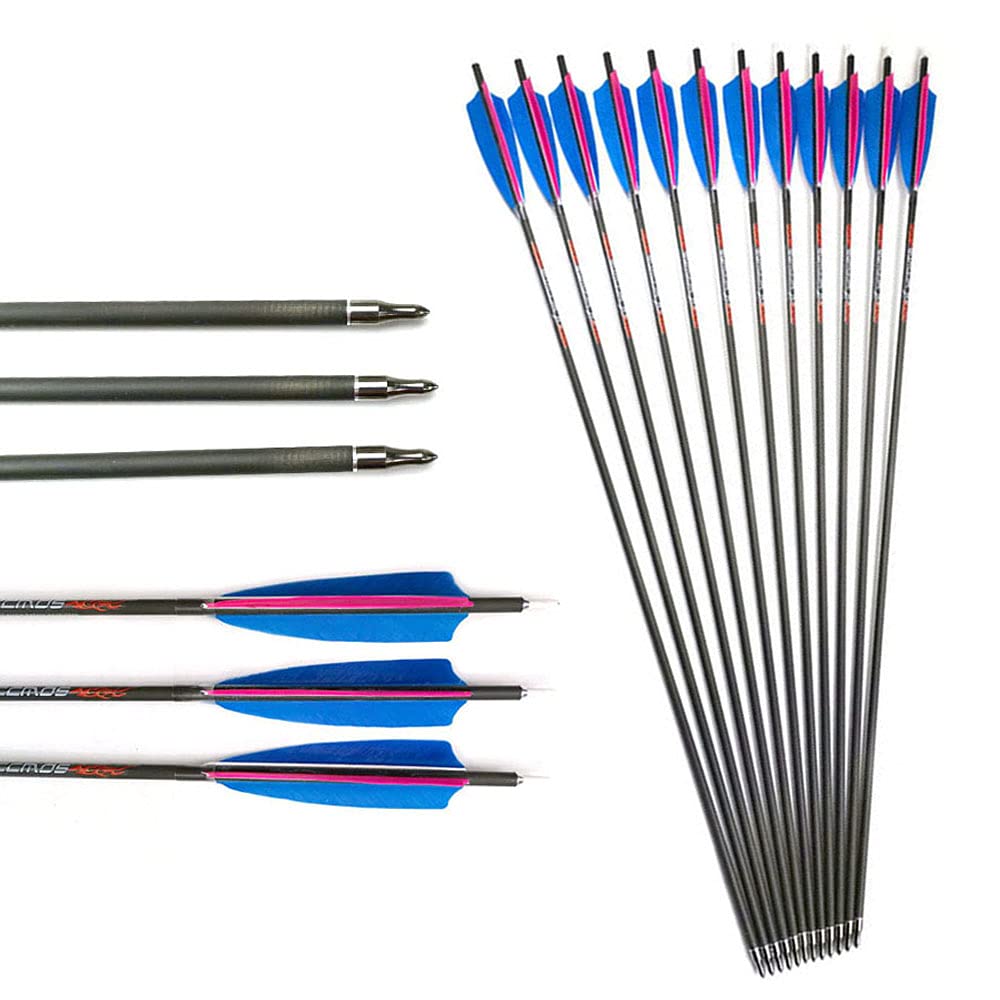 ACCMOS Spine 250 300 340 400 500 600 700 800 Carbon Arrow 28-33inch Hunting Arrows ID 6.2 mm with 5 inch Turkey Feather for Recurve Bow Compound Bow Shooting 12pc (Spine 340, 28")