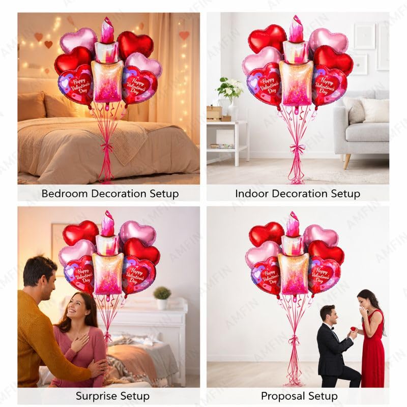 Image of AMFIN (Pack of 7) Happy Valentine's Day Balloon Decoration Set | Romantic Heart Foil Bouquet Metallic Helium Bunch Proposal Anniversary Celebration Party Decor - Red Purple