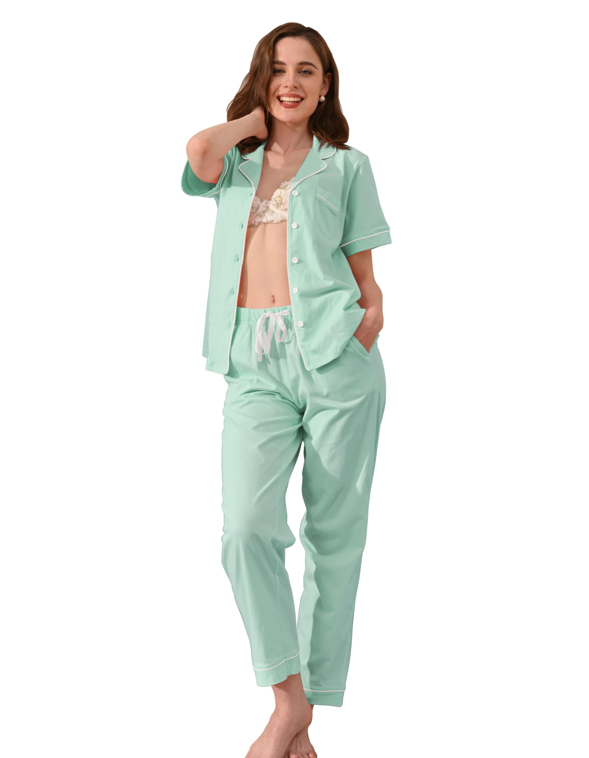 NAP BOUND 100% Cotton Women's Pajama Sets Short Sleeve Button Down Soft Pjs 2 Piece Lounge Set with Pocket Nightwear XS-XXL